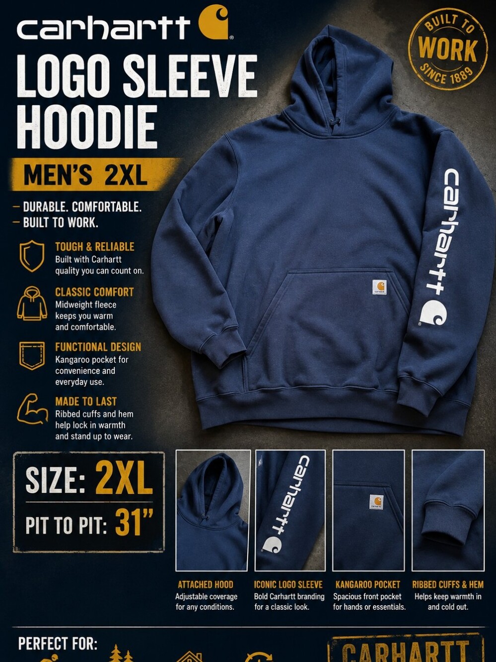 Carhartt Navy Logo Sleeve Pullover Hoodie